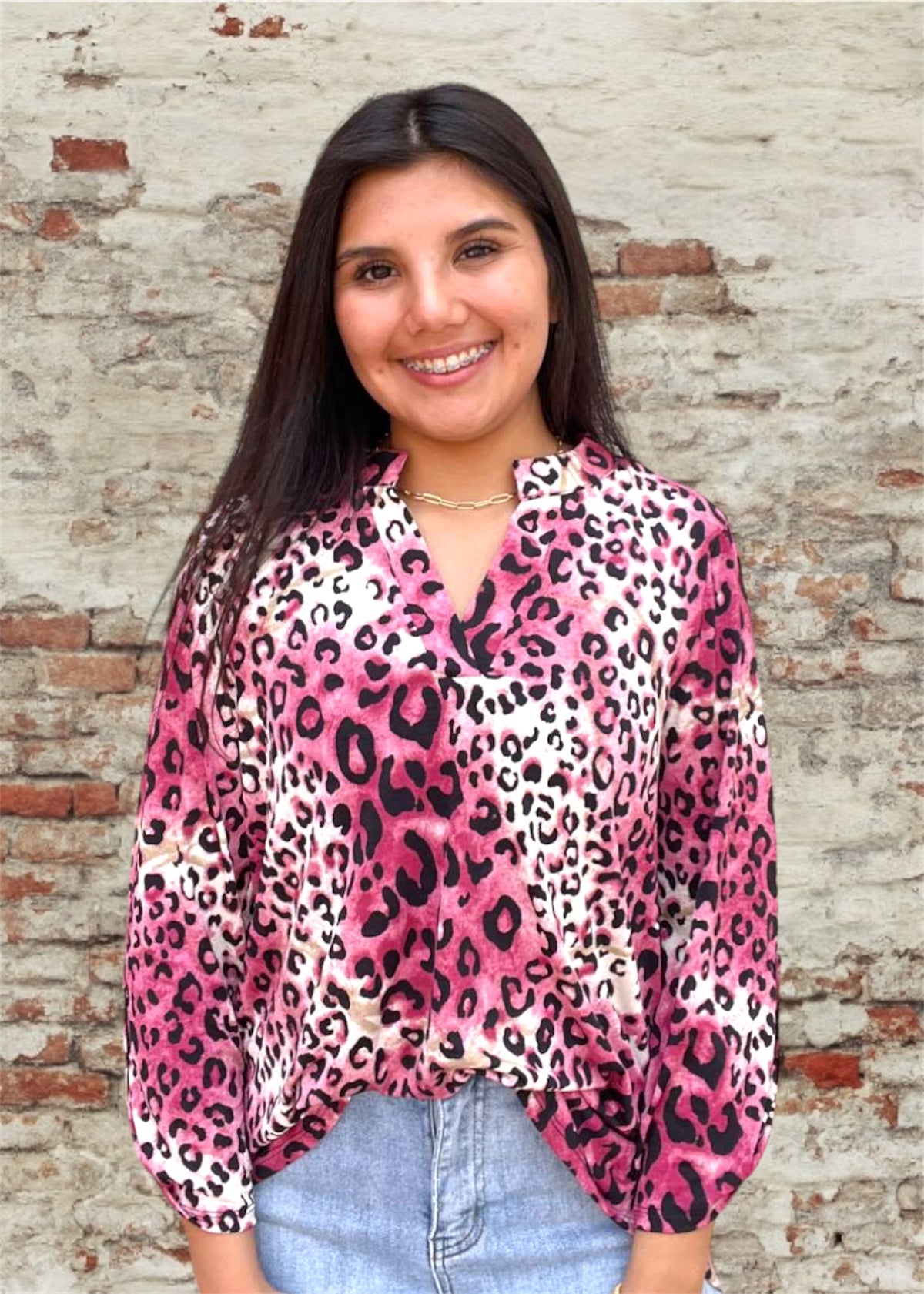 Top | Dear Scarlett Magenta Leopard Long Sleeve V Neck