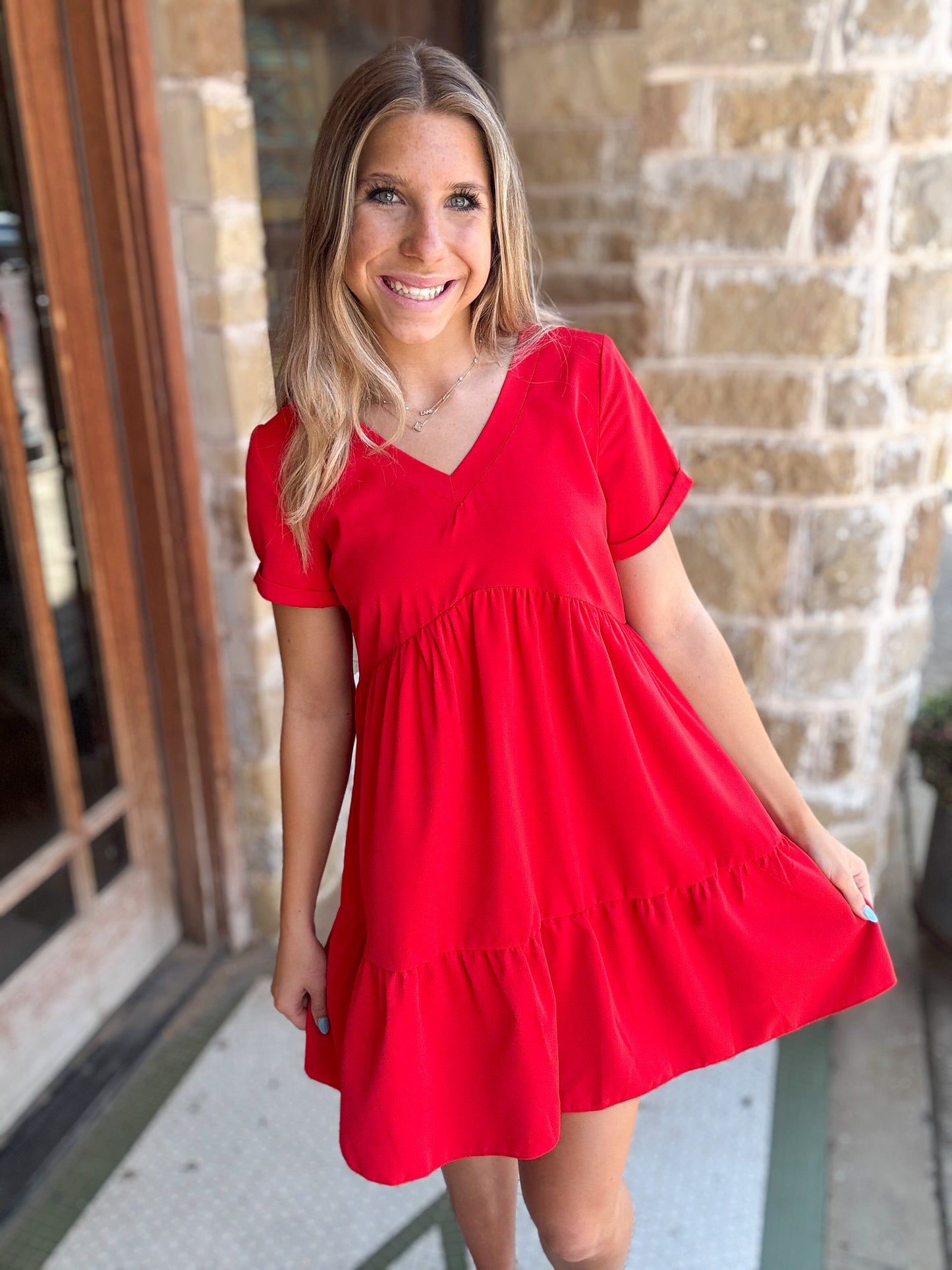Dresses | Mini Red Woven Swing Dress V-Neck Loose Tired Skirt Short Sleeves