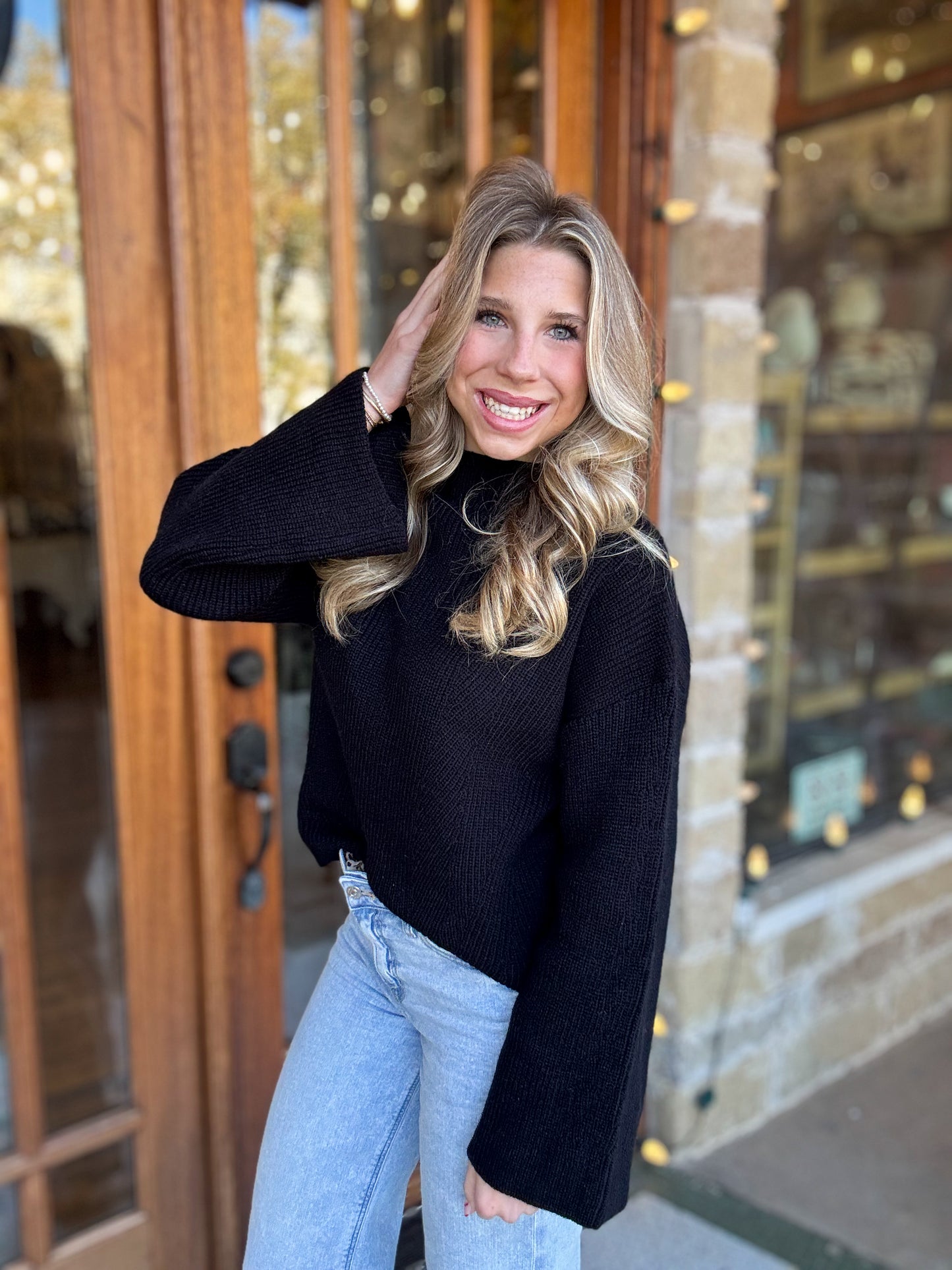 Bell Sleeved Black Knit Sweater