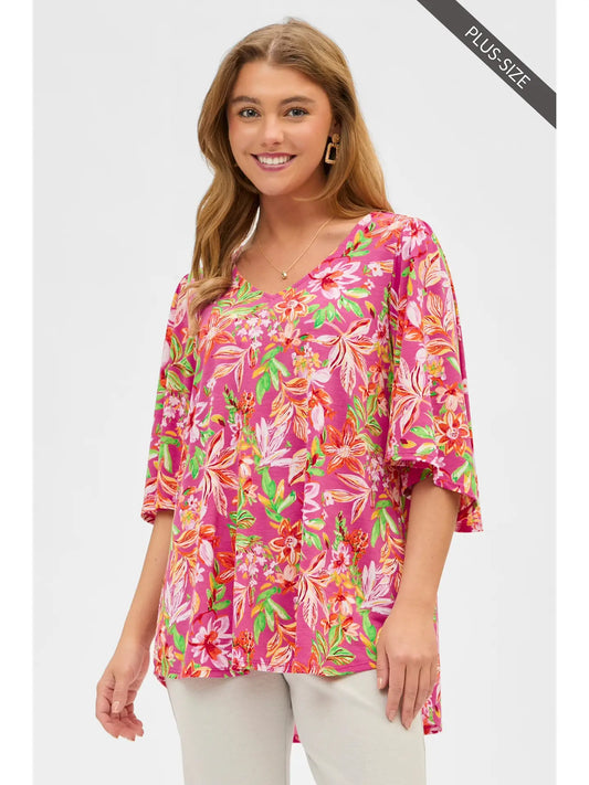 Dear Scarlett Hot Coral Abstract Floral Print V-Neck Soft Top