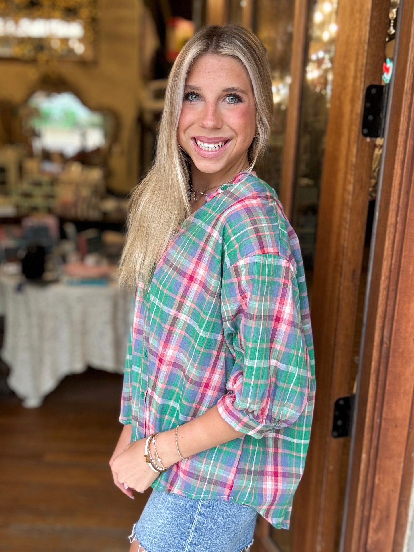 Blouse - Plaid Collared Button Front