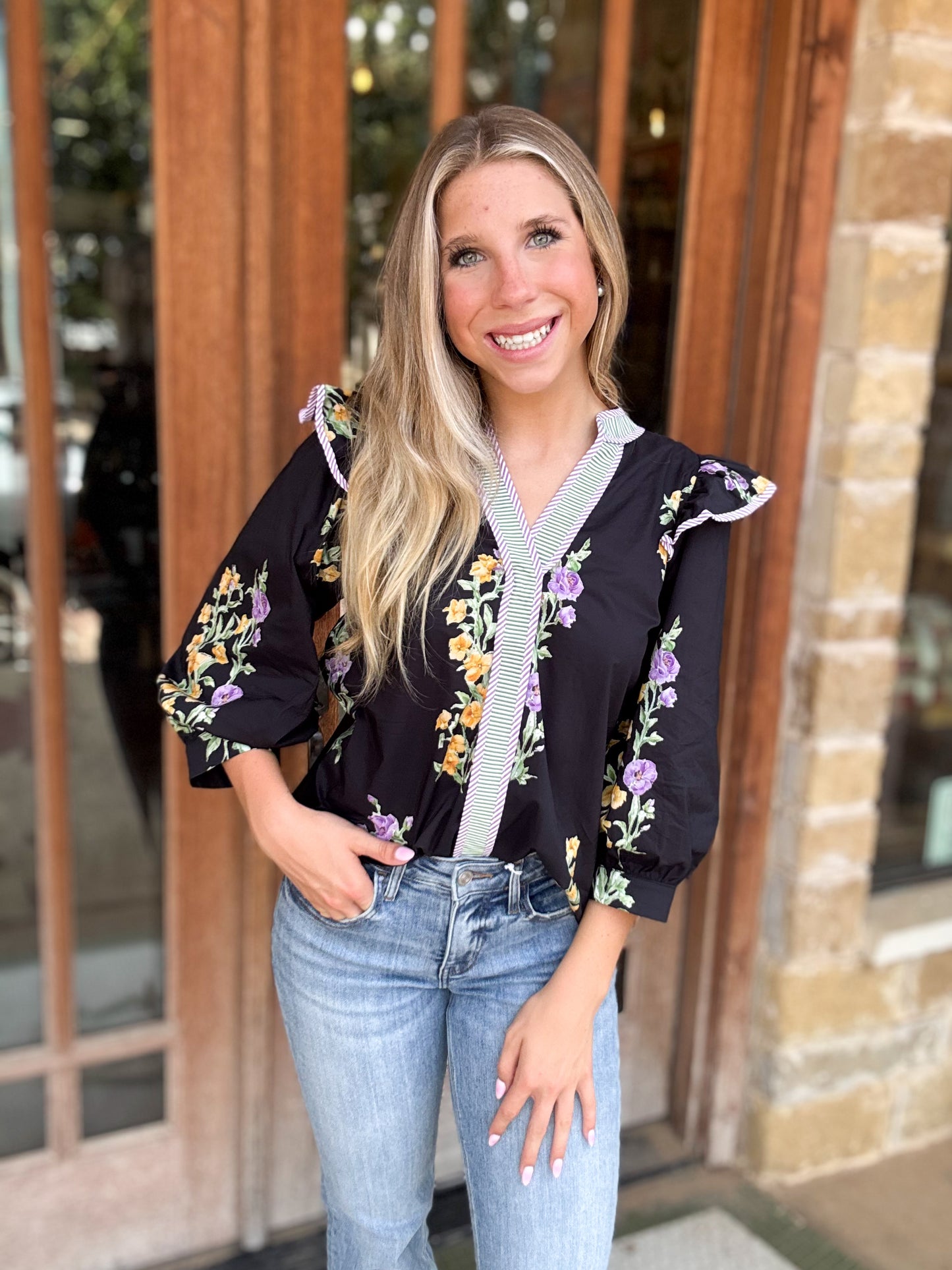 Tops | Black Midnight Garden V-Neck Ruffle Sleeve