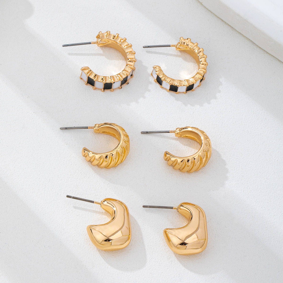 Earrings - Checker Textured Huggie Hoop Trio