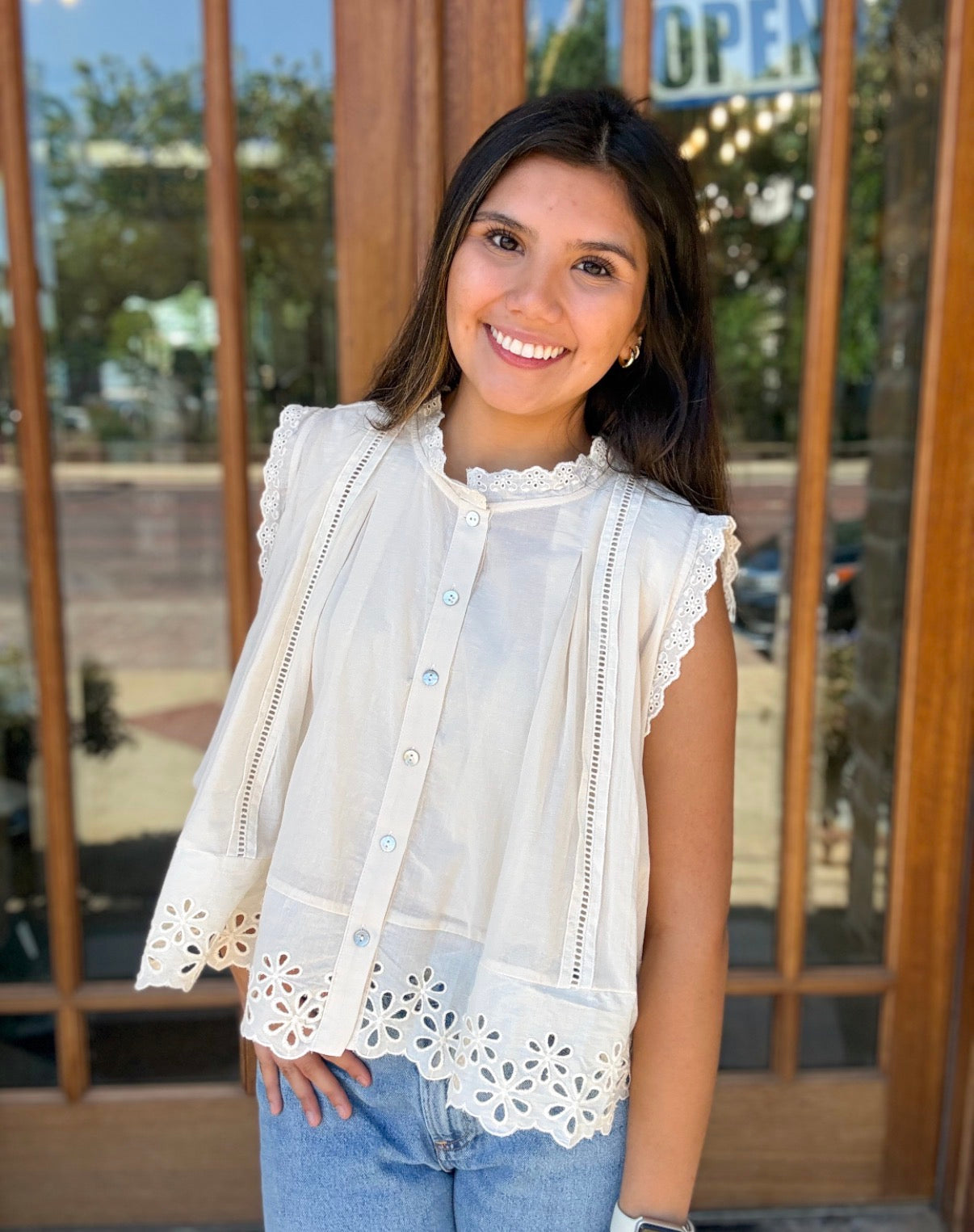 Blouse - Eyelet Button Front Pleated