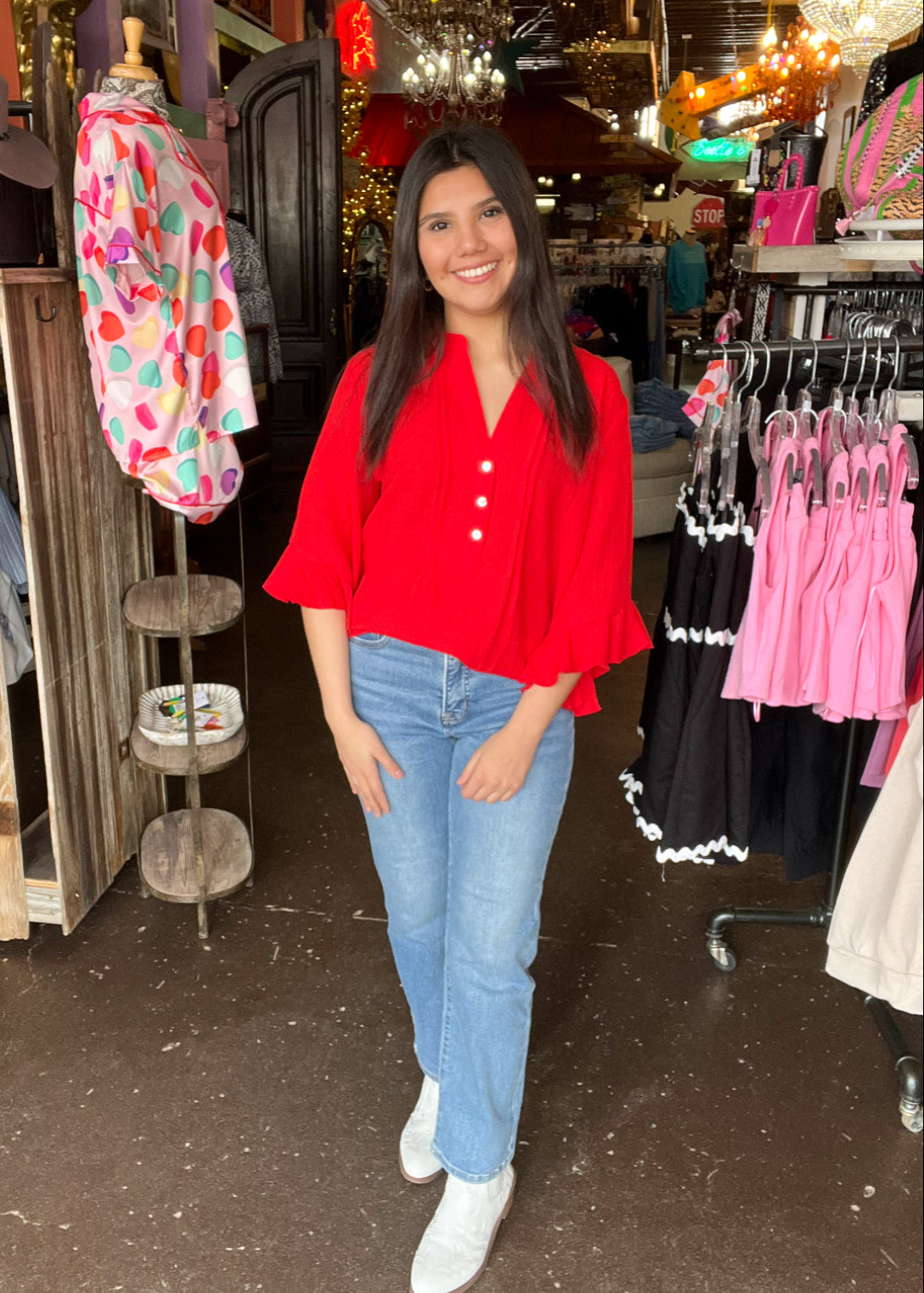 Top | A La Carte Red Split Neck Top With Ruffle Sleeves