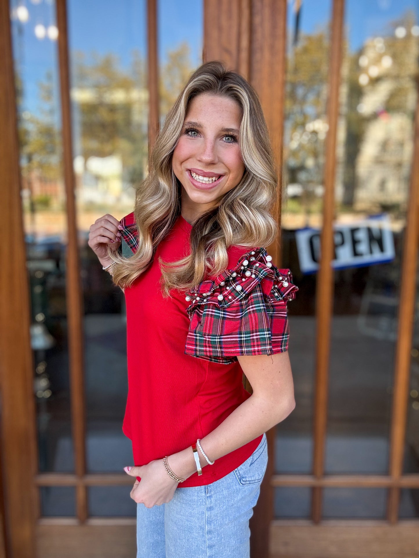 Red Ruffle Sleeve Blouse