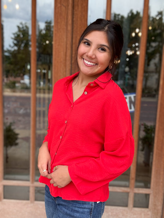 Top | Red Pleated Lapel Shirt Button Down