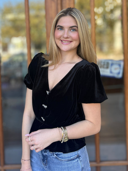 Tops | Blouse Velvet with Ribbon Embellished