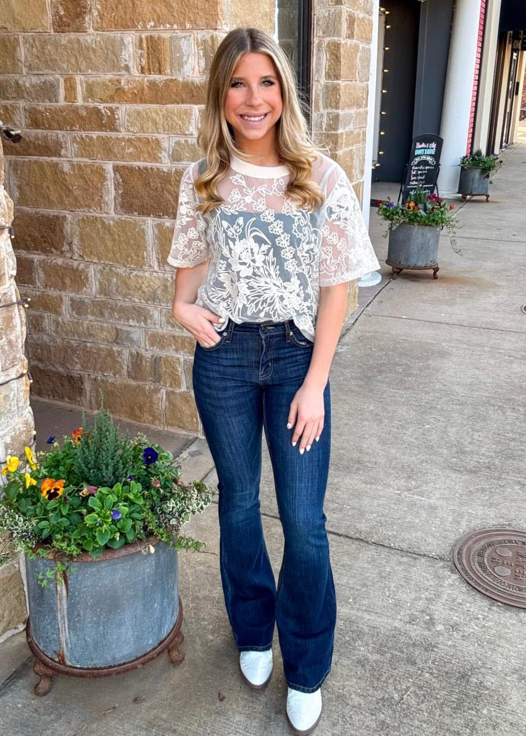 Top | Ivory Floral Mesh Top