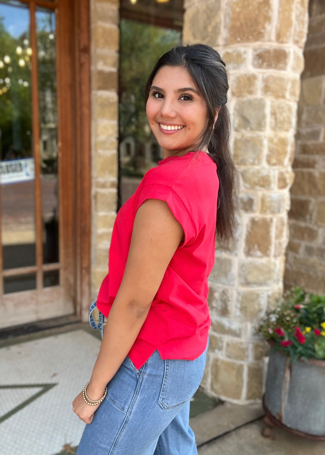 Tops | Tee Red Solid Short Sleeve
