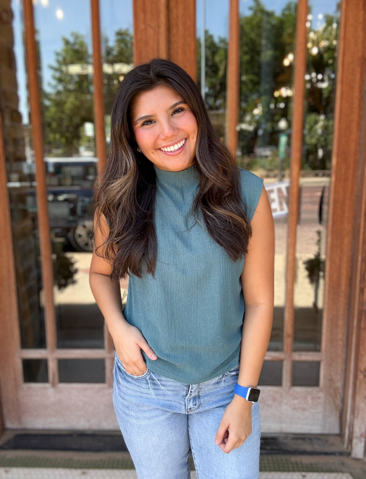 Tops | Blouse Teal Green Stretchy Crinkled Fabric Sleeveless