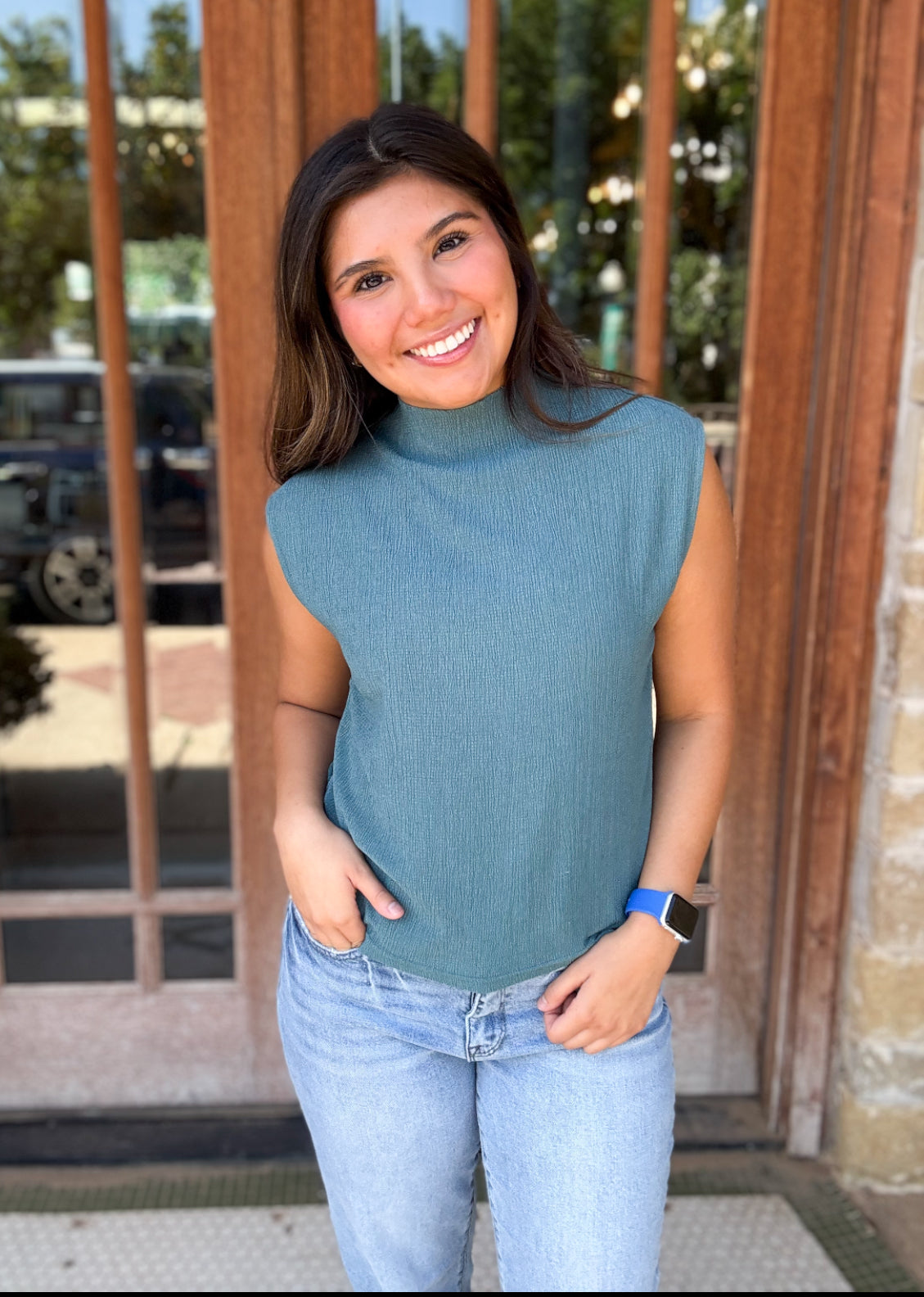 Tops | Blouse Teal Green Stretchy Crinkled Fabric Sleeveless