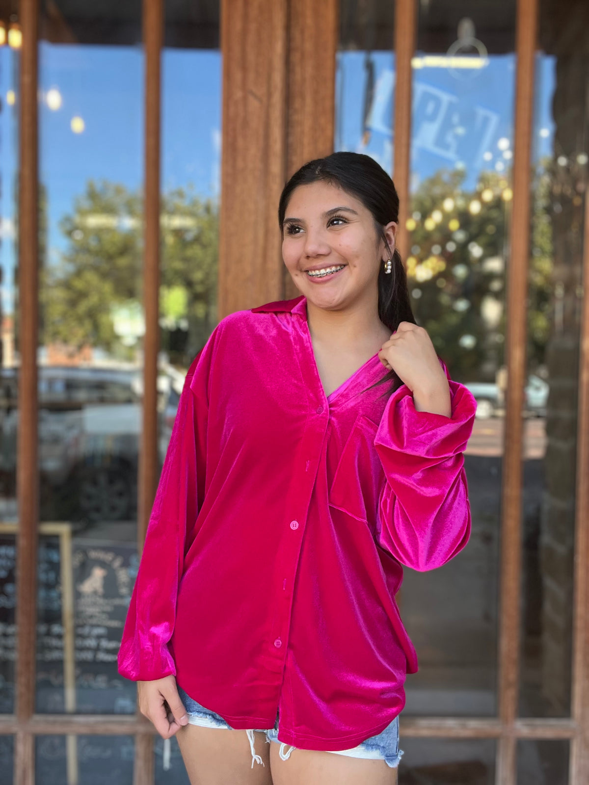 Top | Blouse Pink Velvet Buttoned Front V-Neck Long Sleeves Hip Length