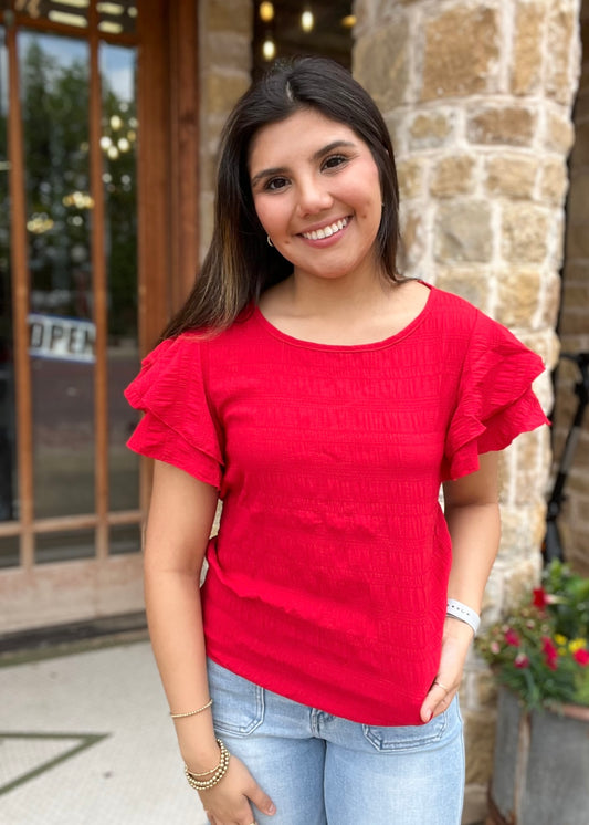 Red Solid Color Textured Ruffle Sleeves Crew Neck Top