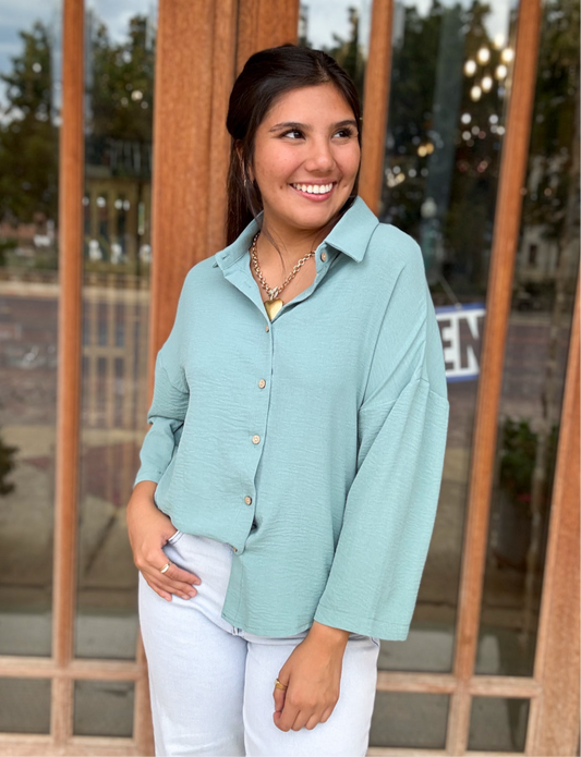 Tops | Peacock Blue Pleated Lapel Shirt Button Down