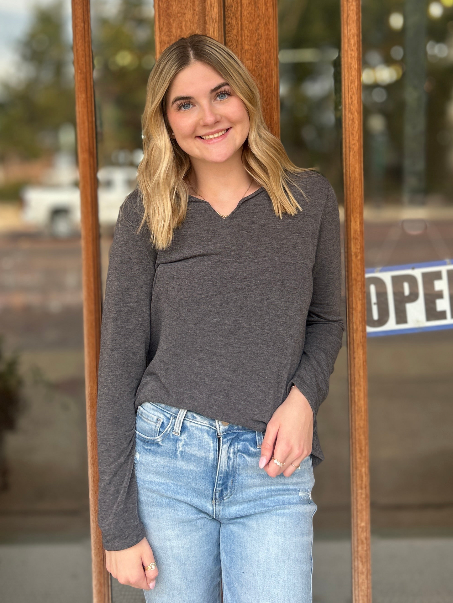 Tops | Solid Long Sleeve Basic French Terry Charcoal