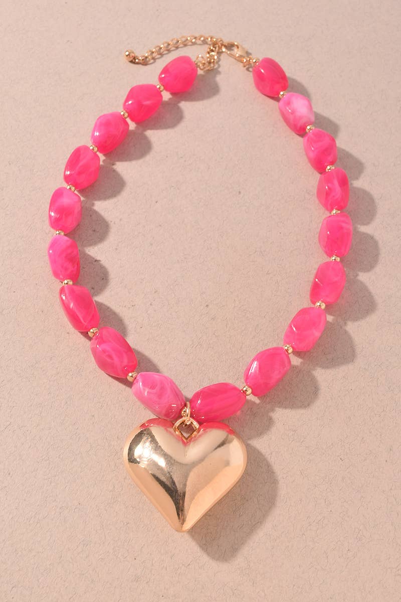 Necklace - Fuchsia Marbled Beaded Heart