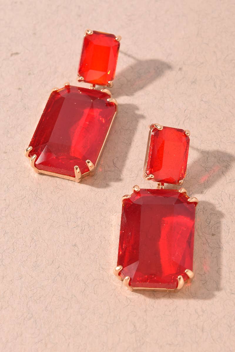 Earrings - Red Oversized Rectangular Crystal