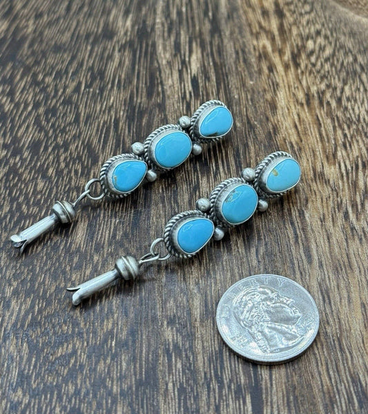 Navajo Handmade Sterling Silver Kingman Turquoise Blossom Post Dangle Earrings