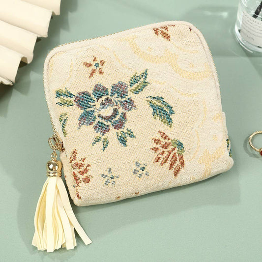 Jewelry Pouch Wallet - Cream Floral Jacquard Mini