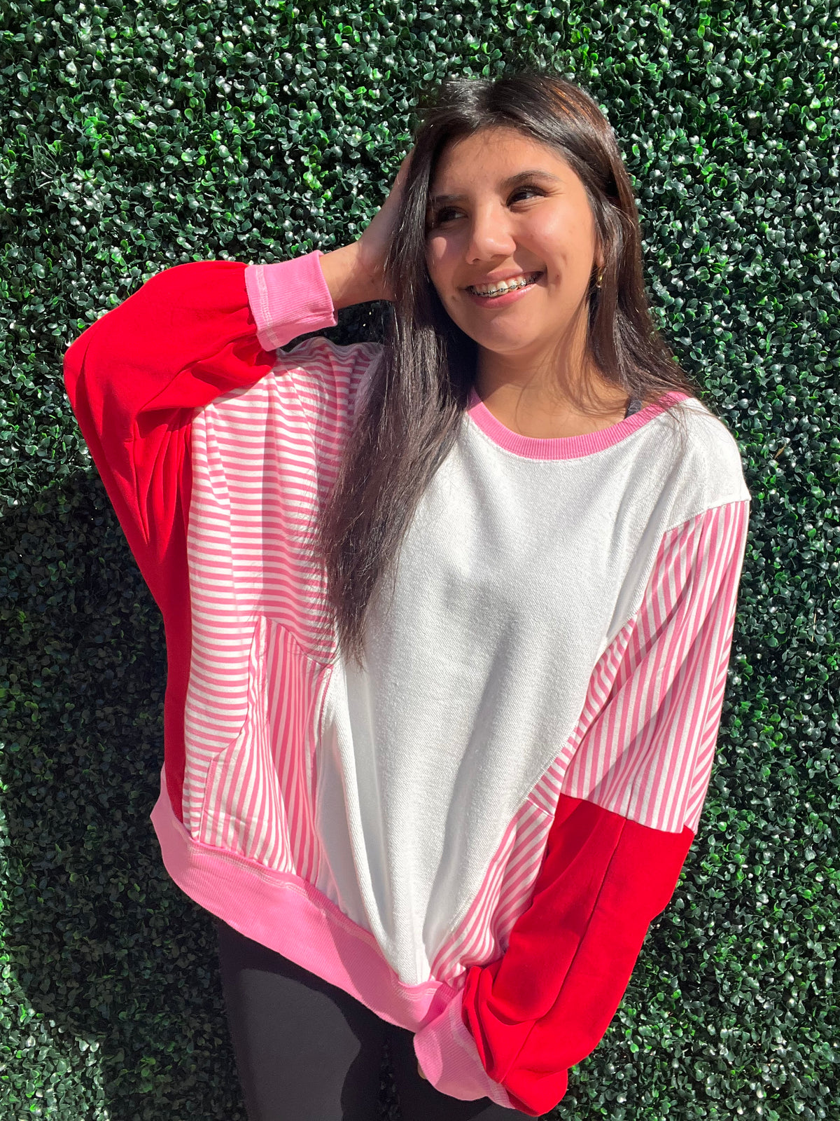 Top | Rose Red Stripe Batwing Sleeve Pocketed Sweatshirt