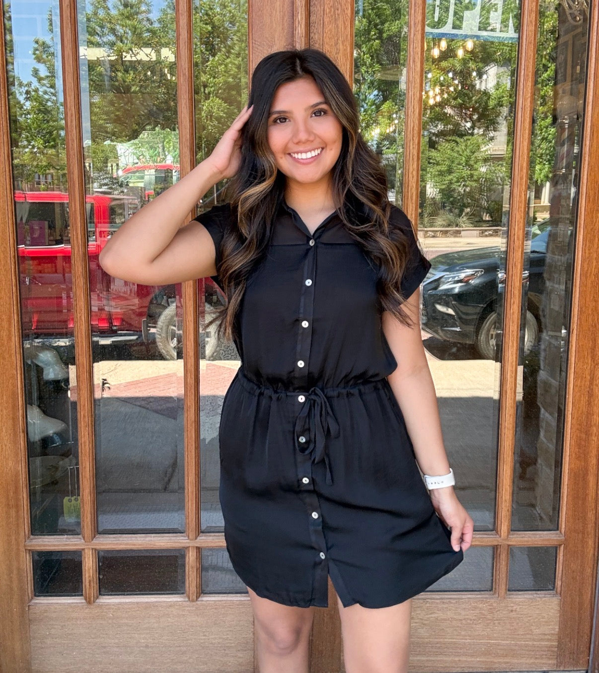 Dress - Black Short Sleeve Button Down