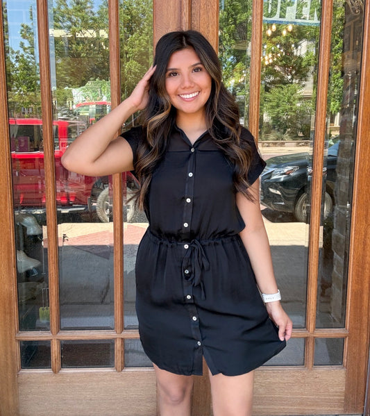 Dress - Black Short Sleeve Button Down
