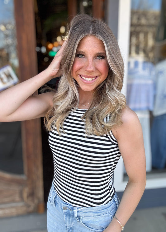 Top | Black Striped Fitted Tank Top