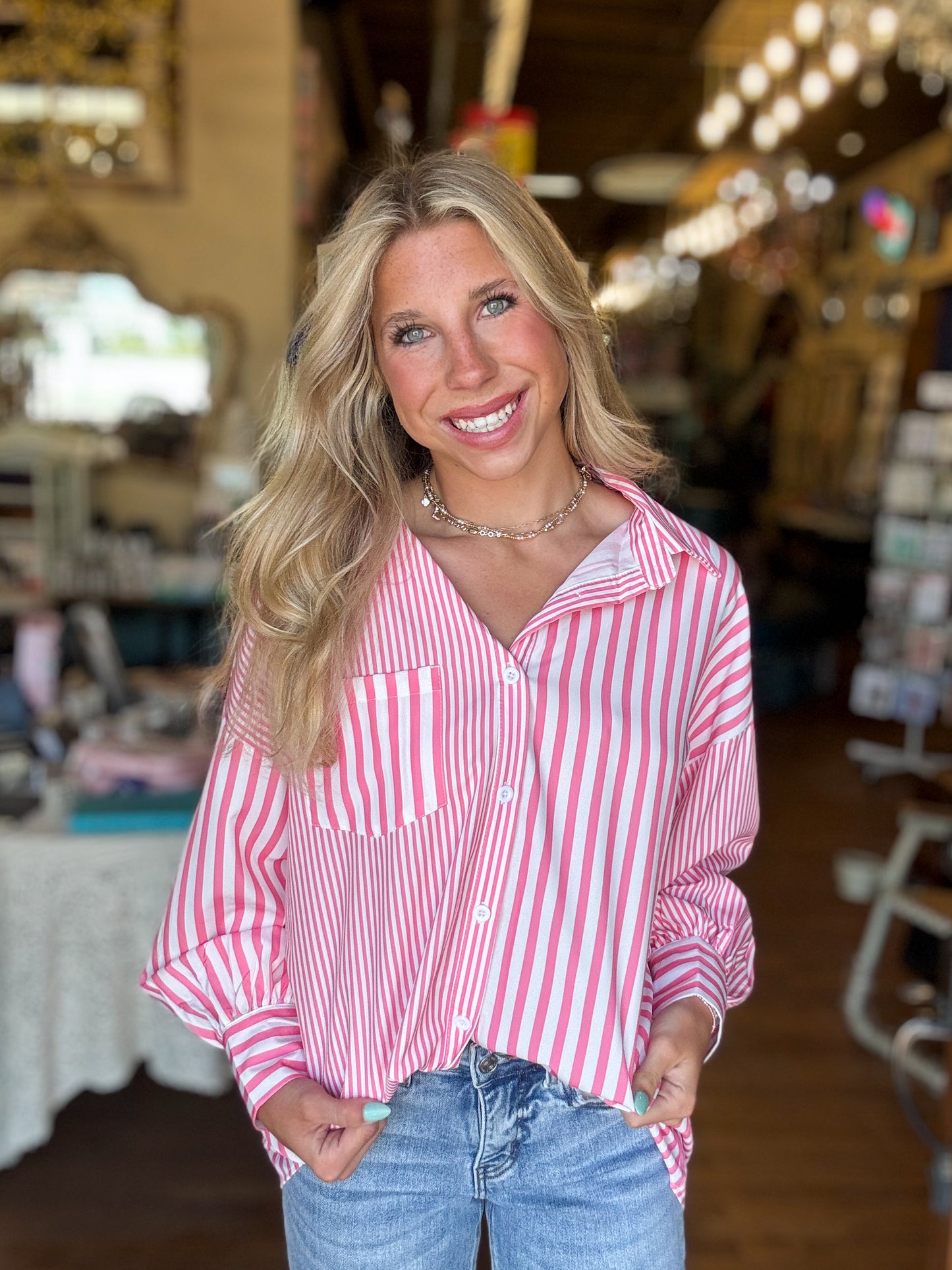 Pink Striped Lapel Collar Blouse