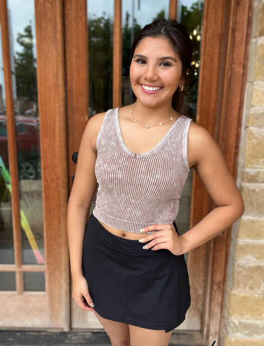 Athleisure | Mocha Tank Top Washed Ribbed Seamless Bra Padded V-Neck