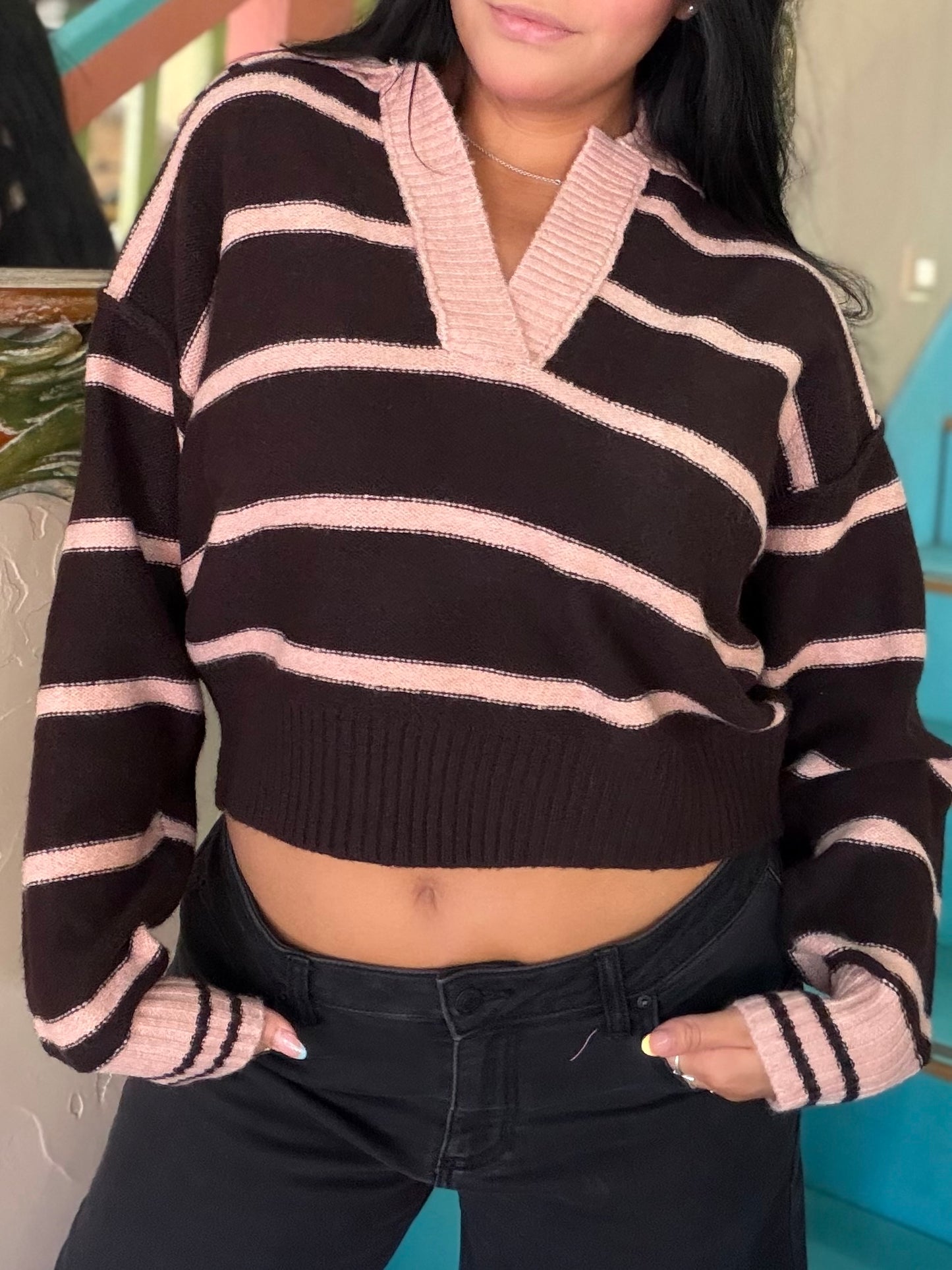 Sweater - Pink Stripe Collared Knit