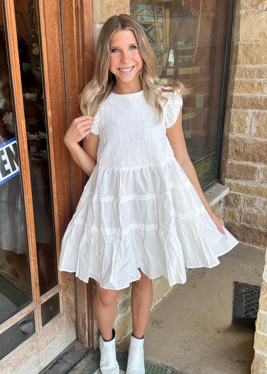 White Textured Bodice Tie Back Mini Dress