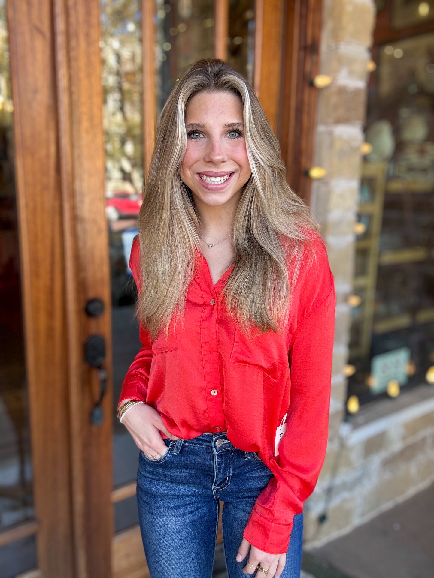 Tops | Blouse Tomato Red Silky Button Down Long Sleeve