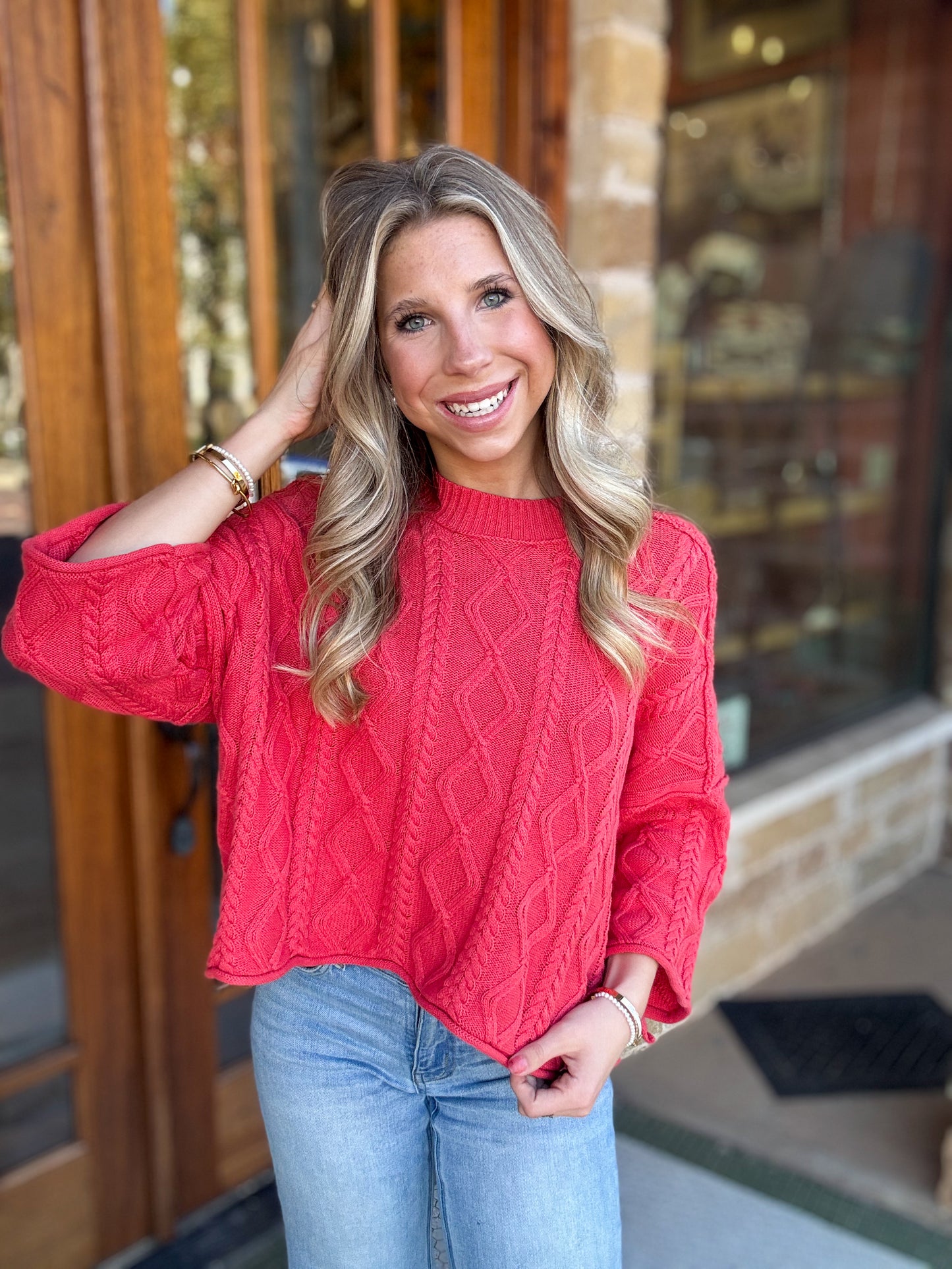 Tops | Sweater Knit Cable Cotton 3/4 Sleeve Dusty Red