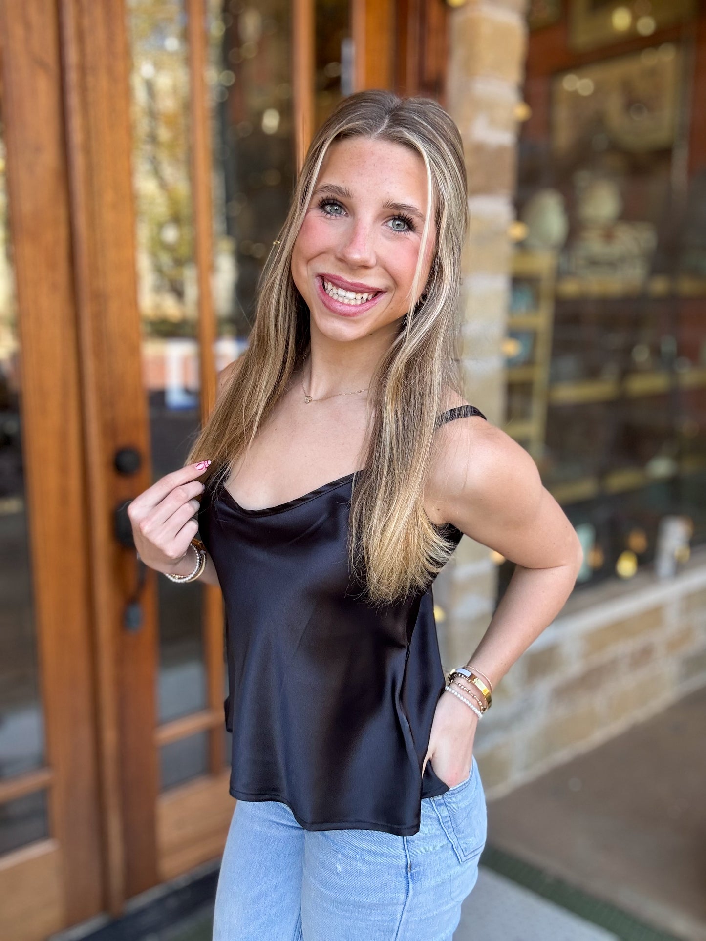 Cami Black Satin V-Neck