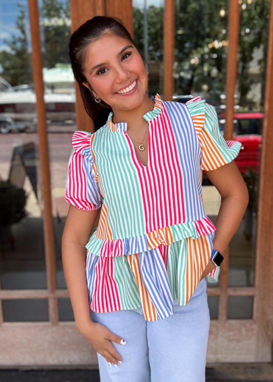 Tops| THML Blouse Multicolor Stripe Short Sleeve