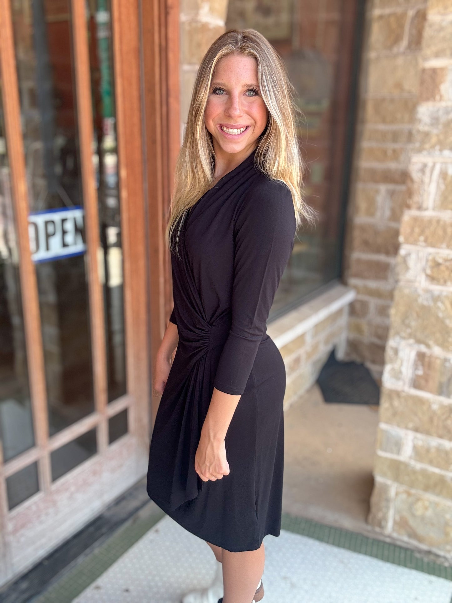 Dresses | Karen Kane Black Cascade Wrap 3/4 Sleeve