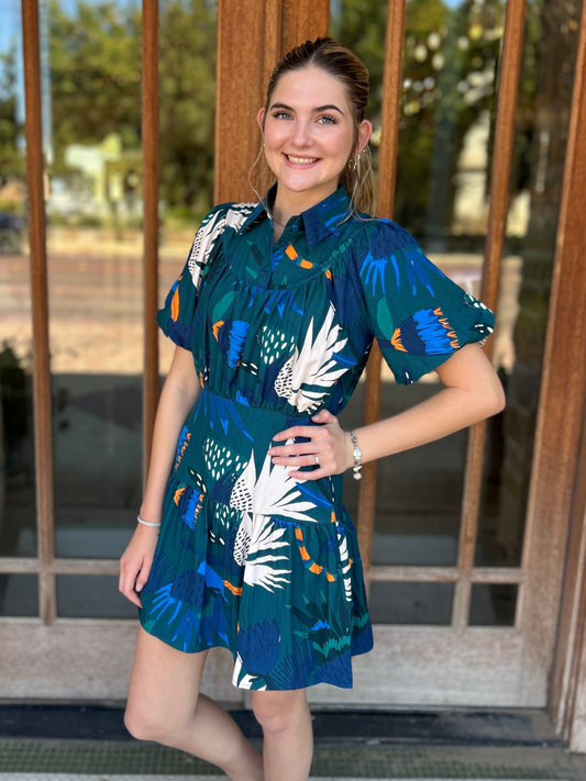 Dress | Midi Hunter Green Abstract Ruffle Sleeve