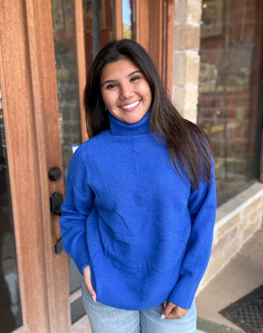 Top | One Size Fits All Blue Loose High Neck Pullover Sweater