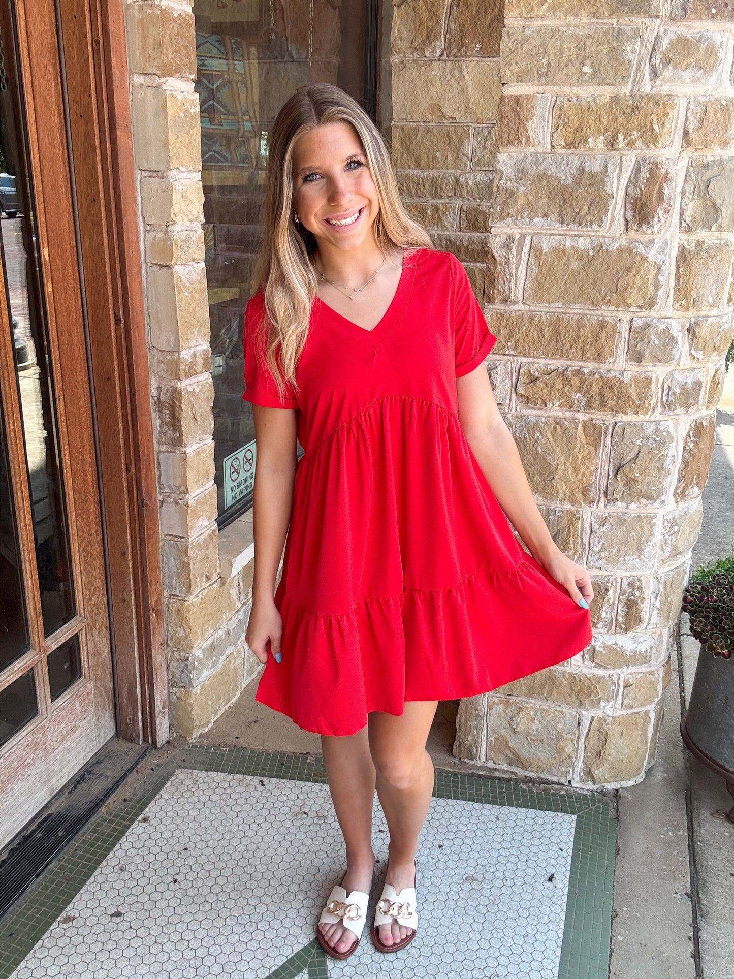 Dresses | Mini Red Woven Swing Dress V-Neck Loose Tired Skirt Short Sleeves