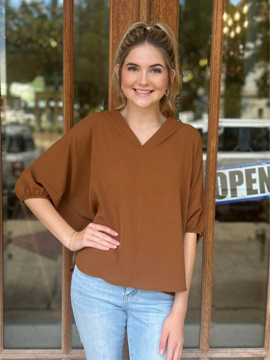 Tops | Blouse Mocha V-Neck Puff Short Sleeve