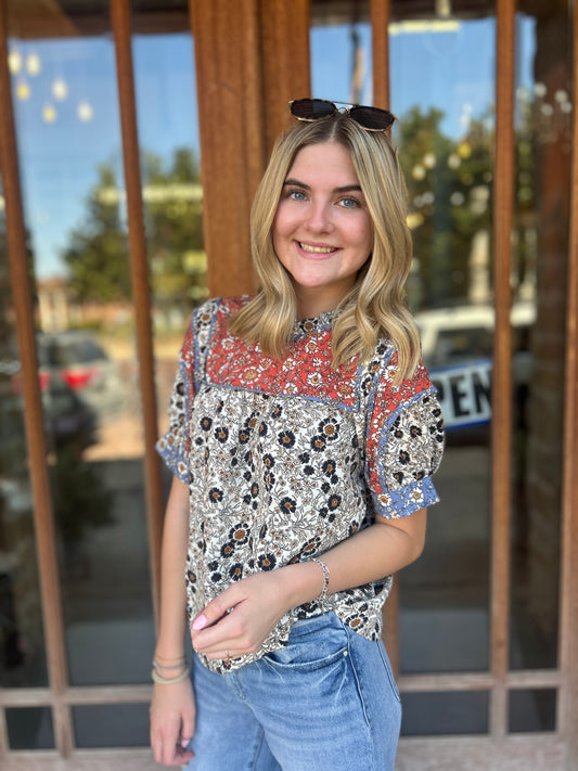 Tops | THML Blouse Cream Multi Flower Short Sleeve Pattern