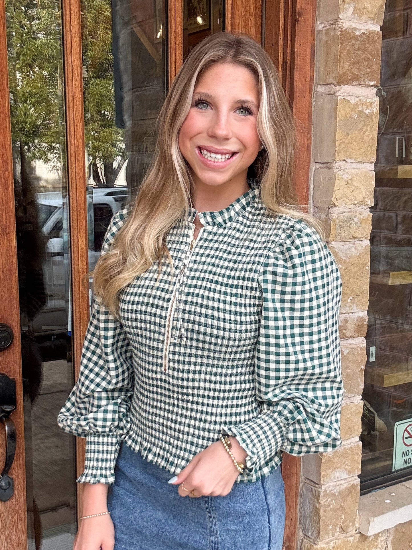 Tops | Blouse Hunter Green Checkered Long Sleeve