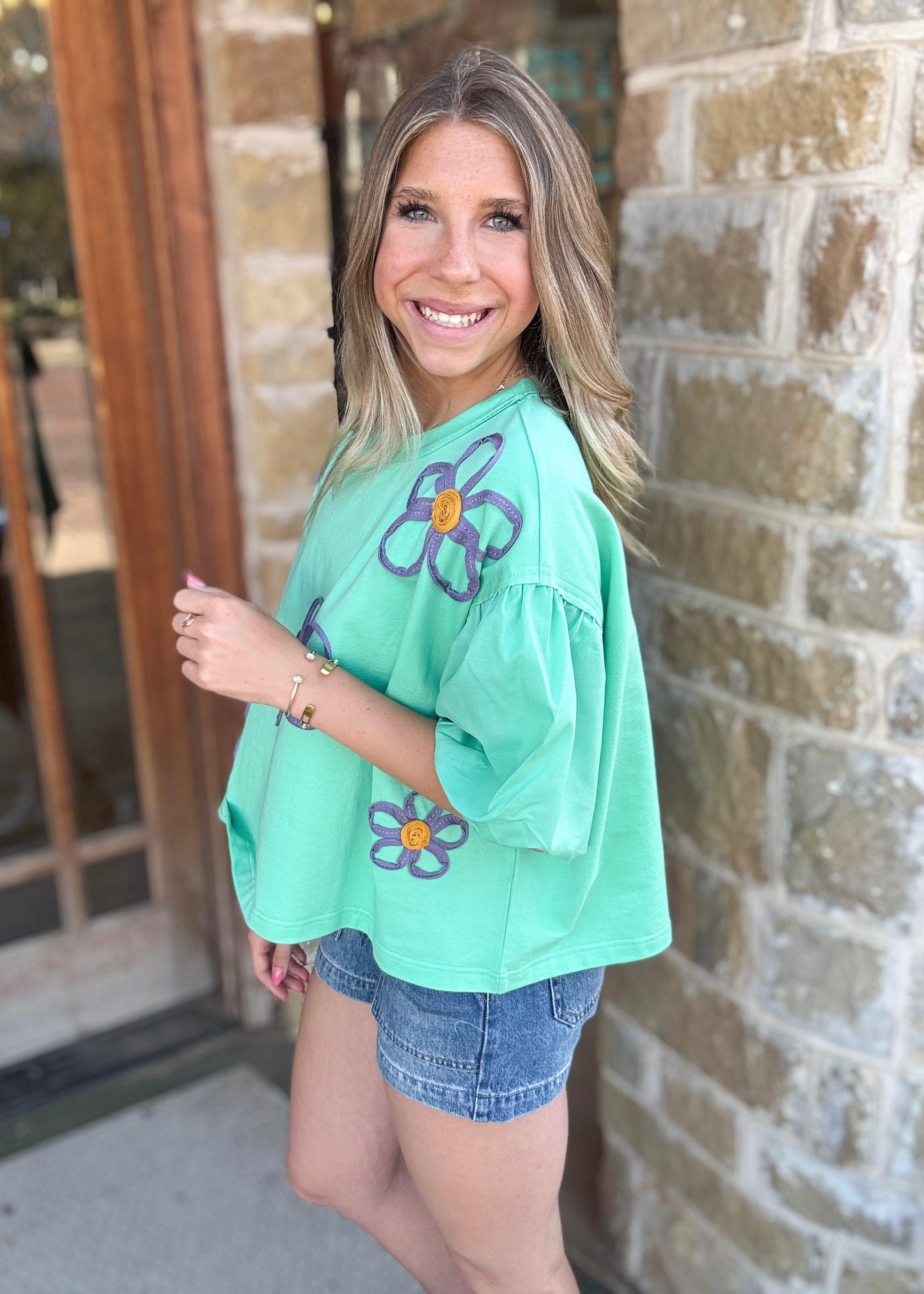 Top | Flower Embroidery Detail Solid Mint Knit Top
