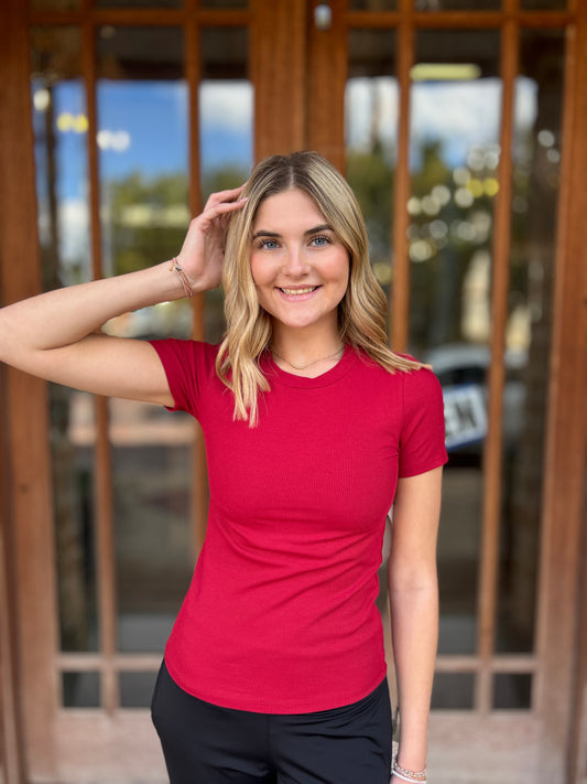 Athleisure | Essential Short-Sleeved Micro-Ribbed Athleisure Top: GARNET RED