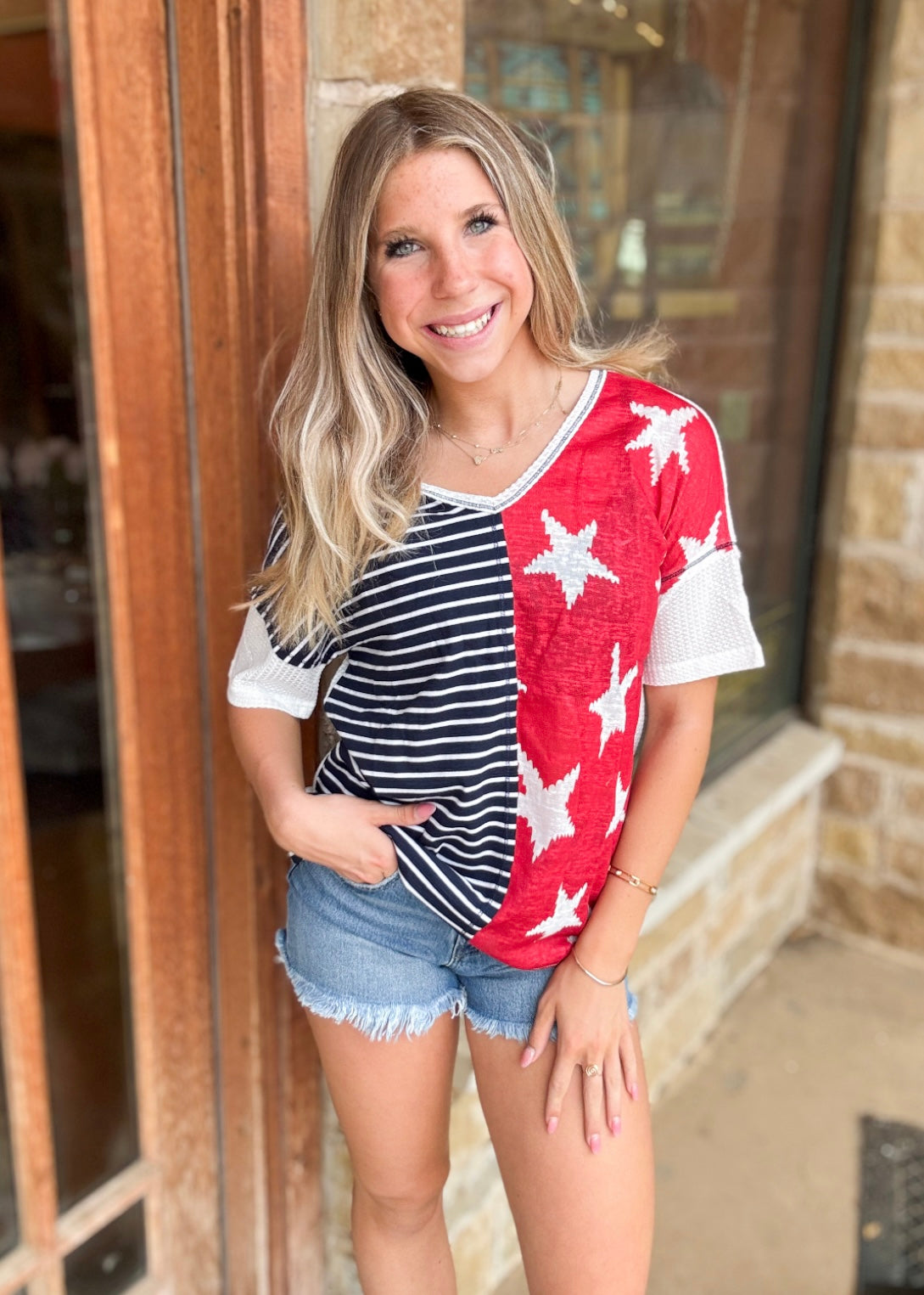 Tops | Blouse NavyBlue Striped Stars Print V-Neck Short Sleeve