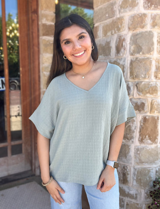 Sage Textured Fabric Loose Fit Short Sleeve Top