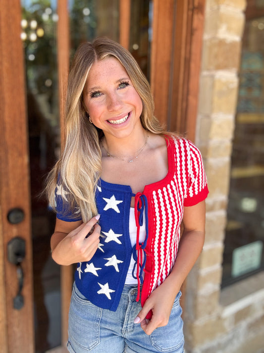 Tops | Sweater Stars & Stripe Front Bow Tie Fourth of July