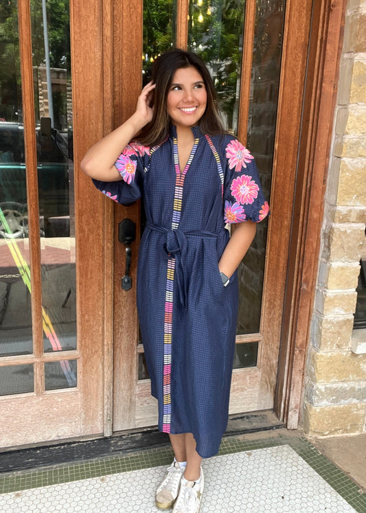 Dresses | THML Midi Dress Embroidered Puff Sleeve Textured Trie Waist