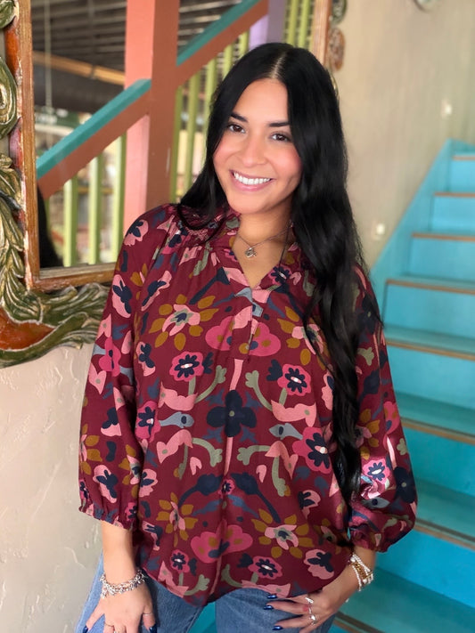 Blouse - Umgee Burgundy Floral Split Neck